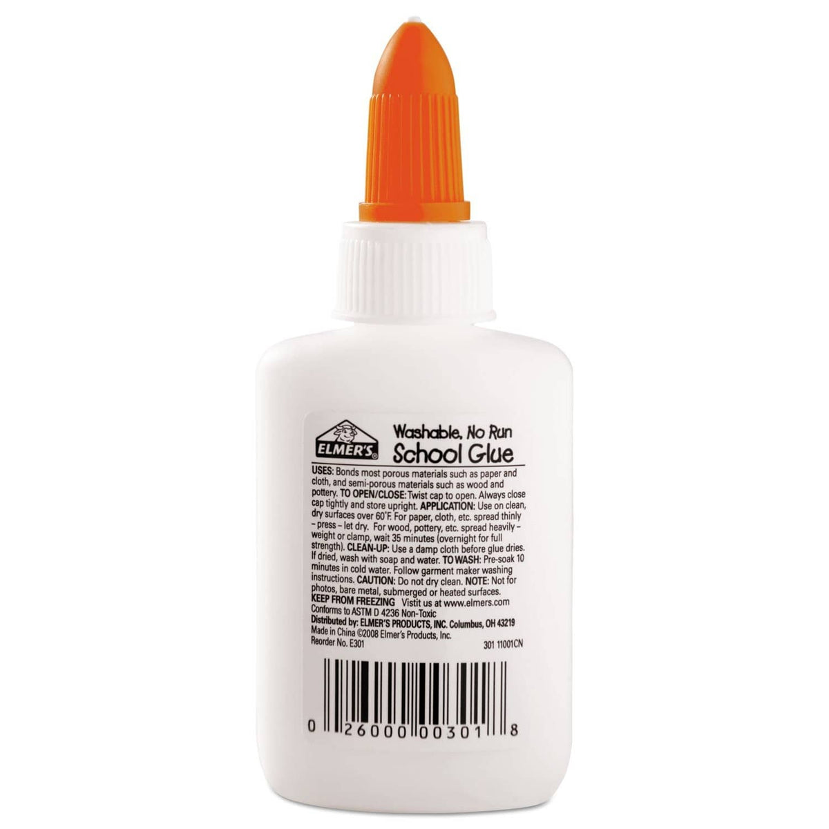 White Elmer’s school glue bottle with orange nozzle cap, back label visible