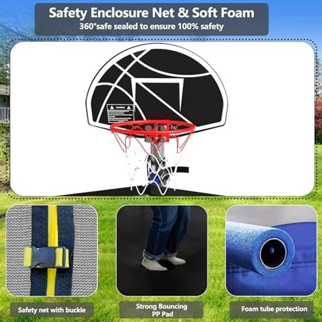 Safety enclosure trampoline net with red basketball hoop and foam padding