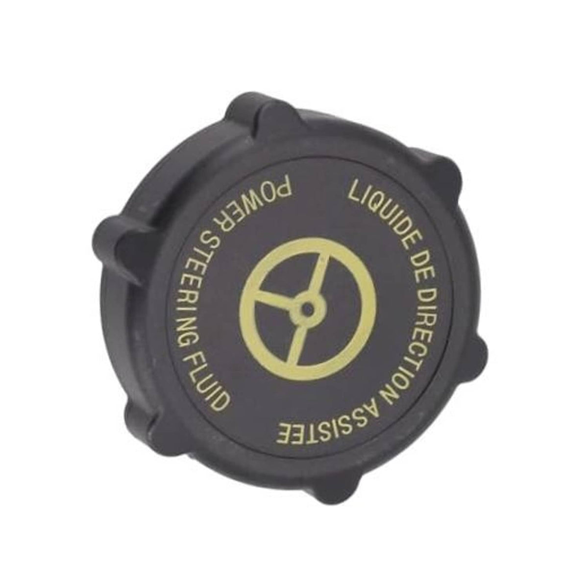 Black plastic gas oil filler cap with yellow steering fluid warning graphic