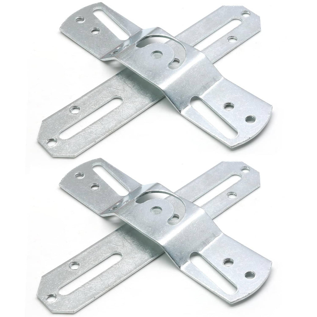 Two silver metal light fixture mounting brackets with oval center hole and side slots