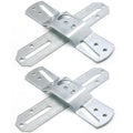 Two silver metal light fixture mounting brackets with oval center hole and side slots