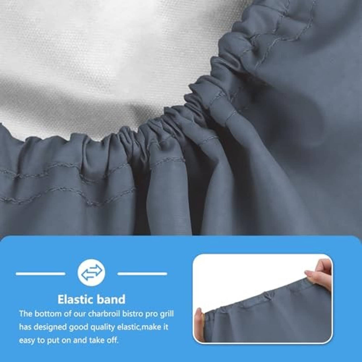 Grey umbrella base cover fabric close-up with gathered drawstring edge detail