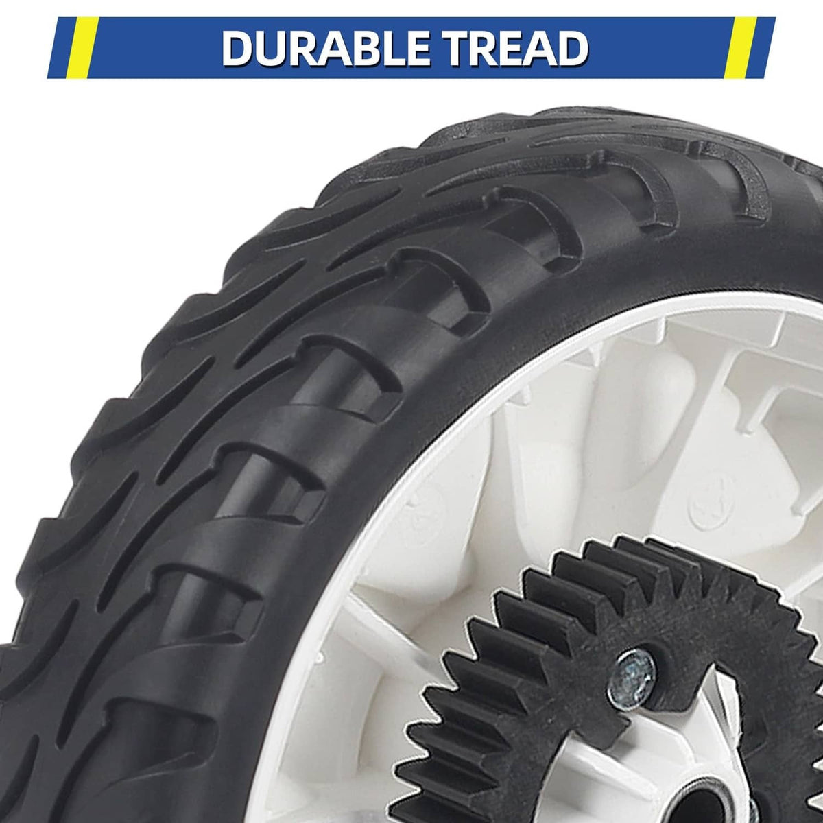 Rear wheel close-up with durable tire tread and black plastic gear hub