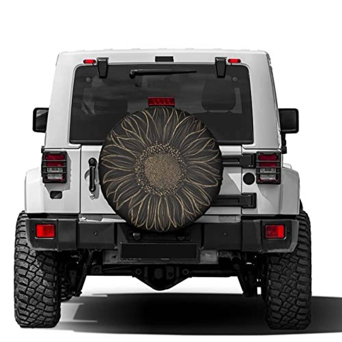 Black spare tire cover with gold sunflower floral design mounted on vehicle back