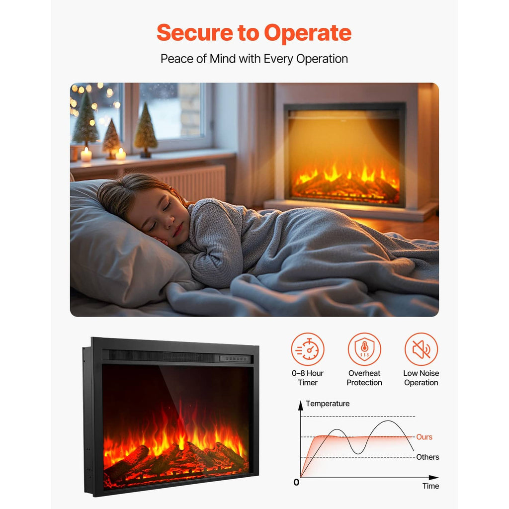 Electric fireplace insert with flame effect and quiet operation features for safe use