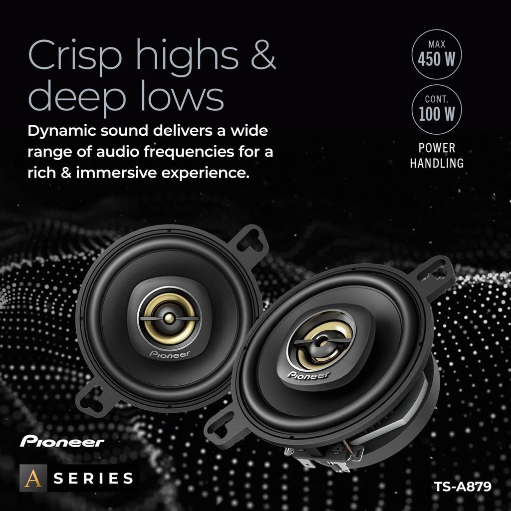 Black 2-way speaker pair with gold tweeter centers, shown side by side