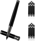 Black fountain pen with fine nib and metal collar; multiple ink cartridges shown