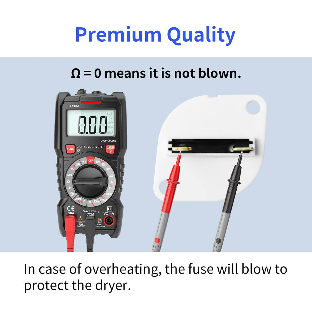 Dryer thermal fuse with yellow terminal blade next to digital multimeter test leads