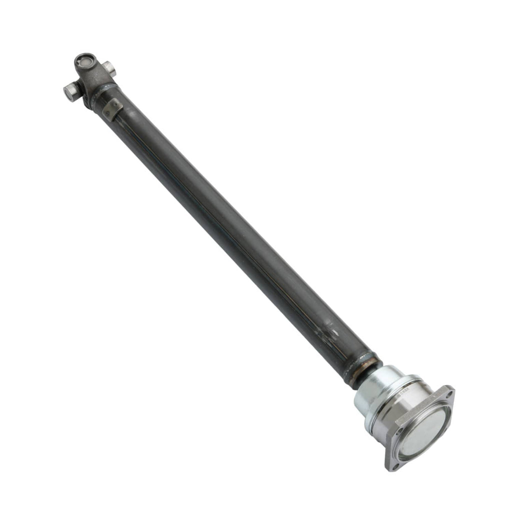 Front prop drive shaft assembly with universal joint and steel mounting flanges