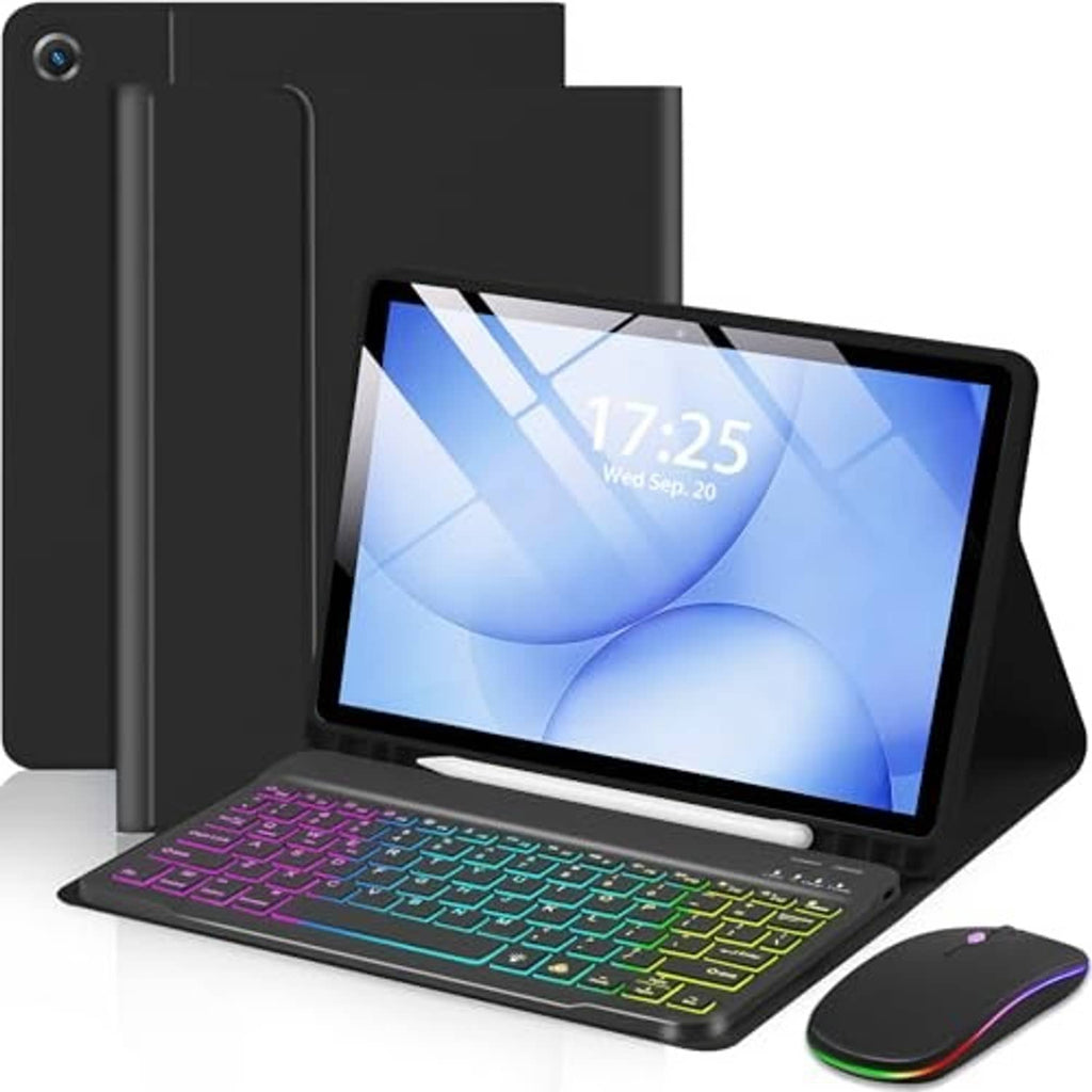 Black tablet case stand with RGB backlit keyboard and wireless mouse