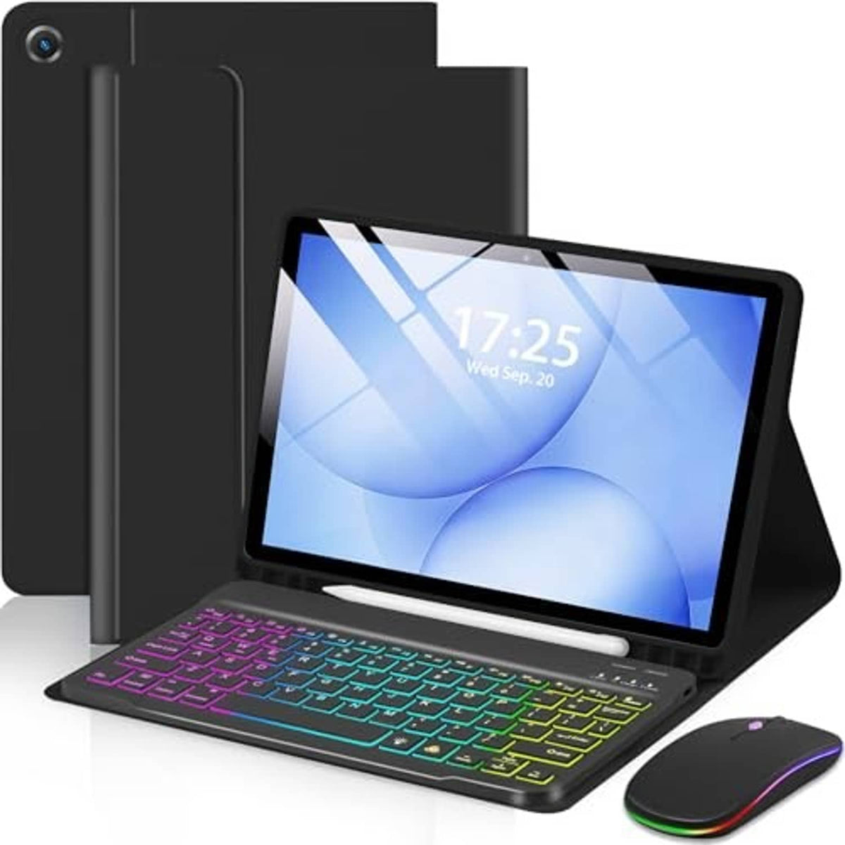 Black tablet case stand with RGB backlit keyboard and wireless mouse