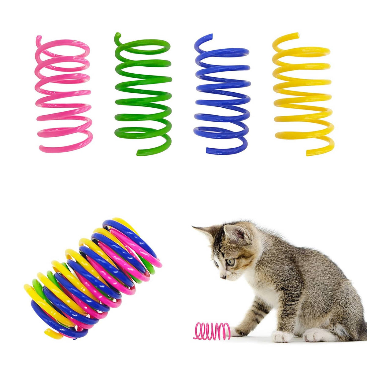 Plastic cat spring toy set with colorful coiled springs in pink, green, blue, and yellow