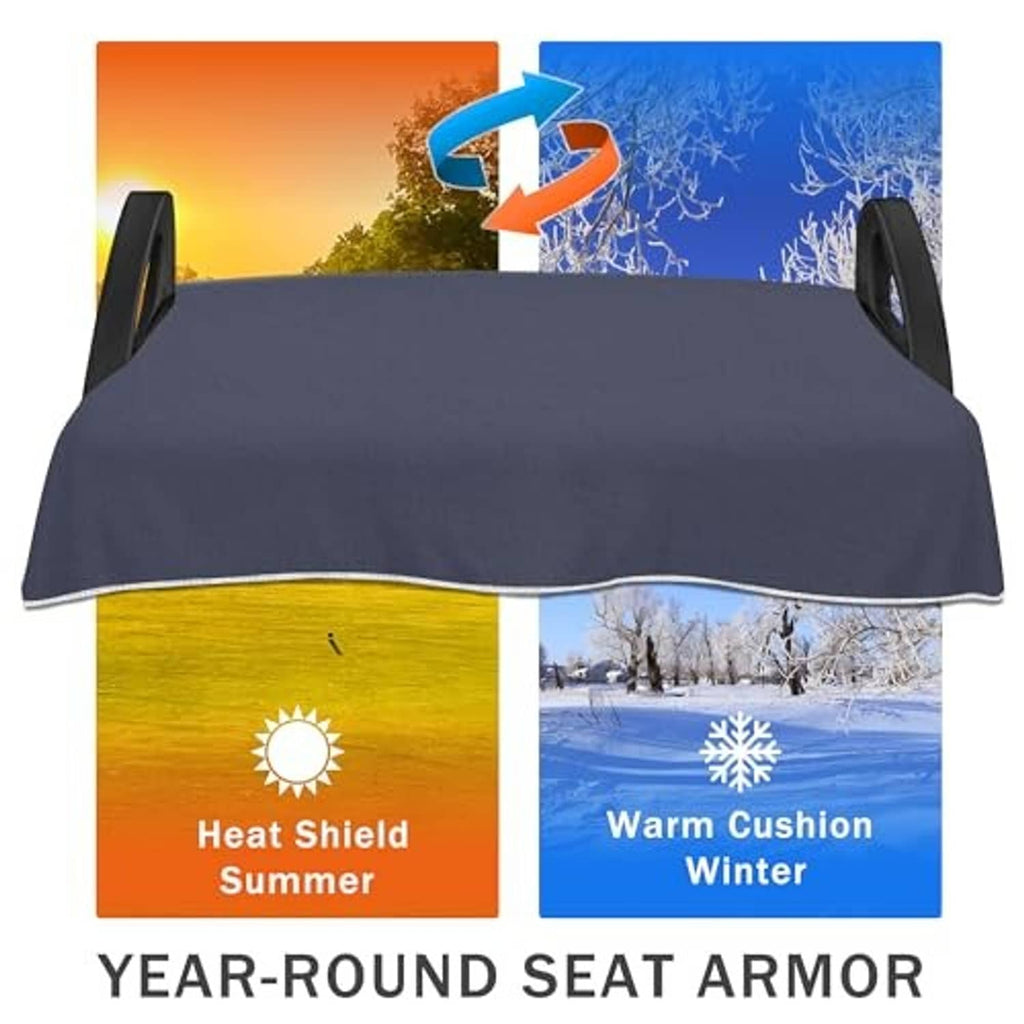 Dark grey seat cover with white trim, protective towel-style panel for golf cart seats