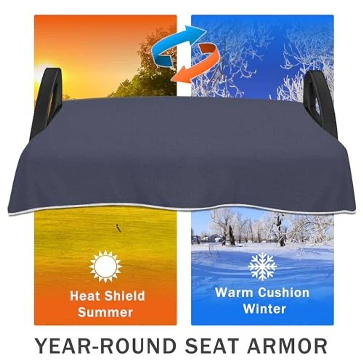 Dark grey seat cover with white trim, protective towel-style panel for golf cart seats