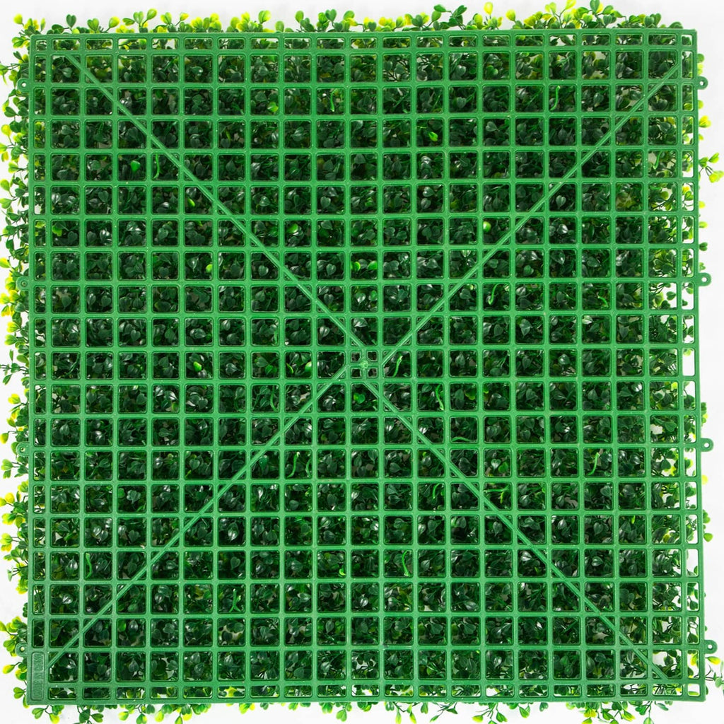 Artificial boxwood hedge panel with dense green leaves on square grid backing