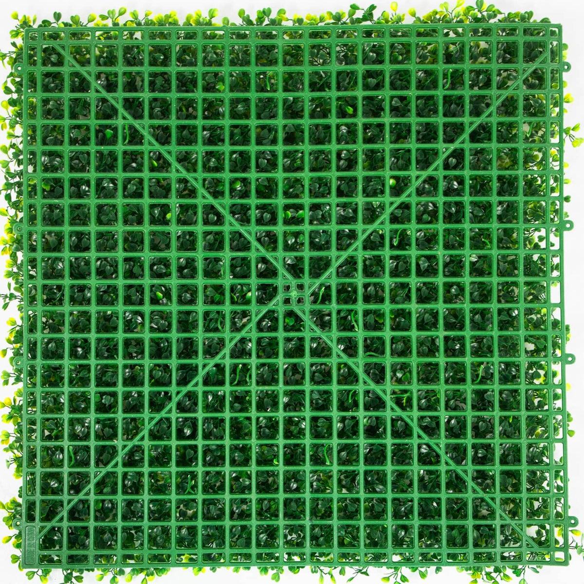Artificial boxwood hedge panel with dense green leaves on square grid backing