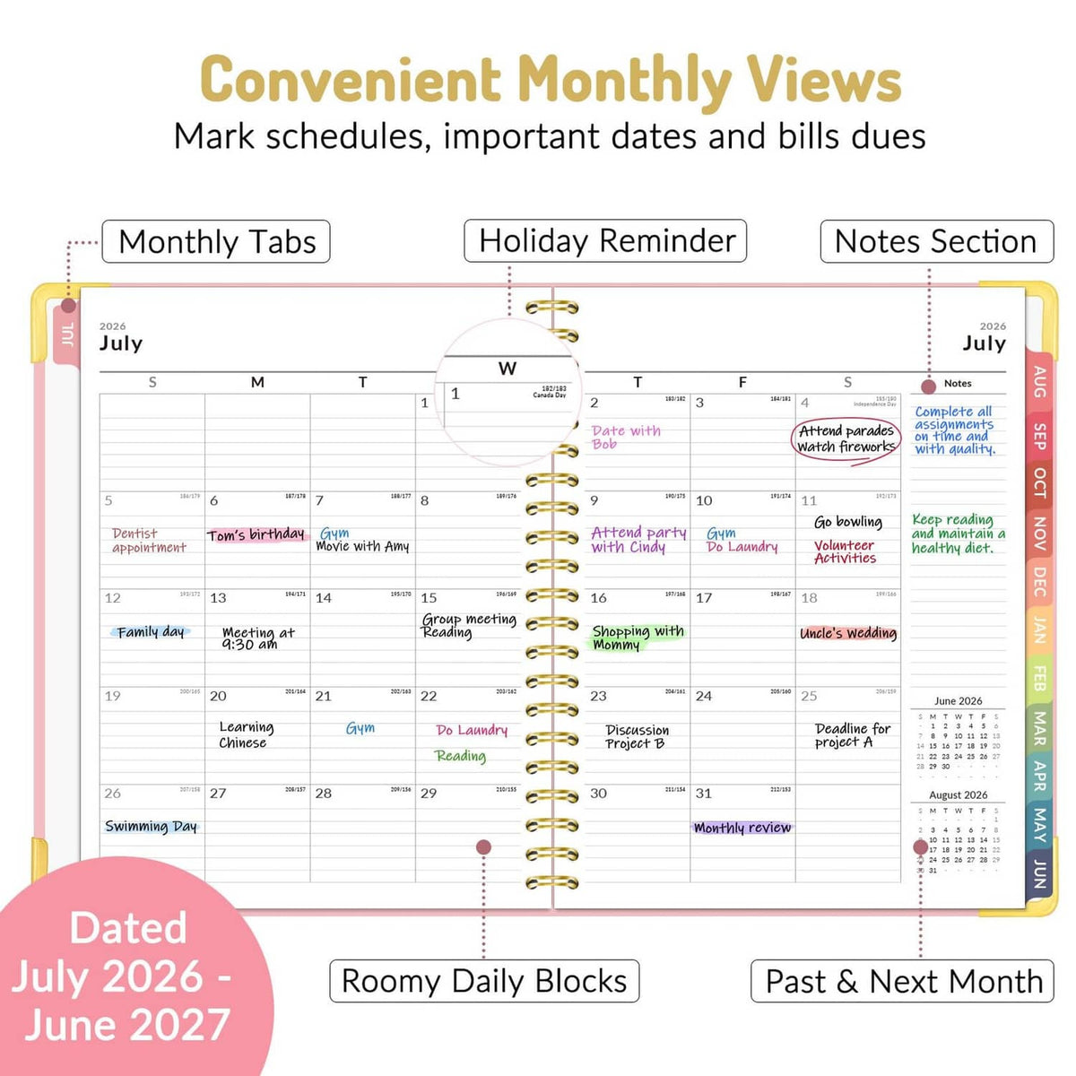 Monthly calendar planner page with tabs and notes section, 2026–2027 layout