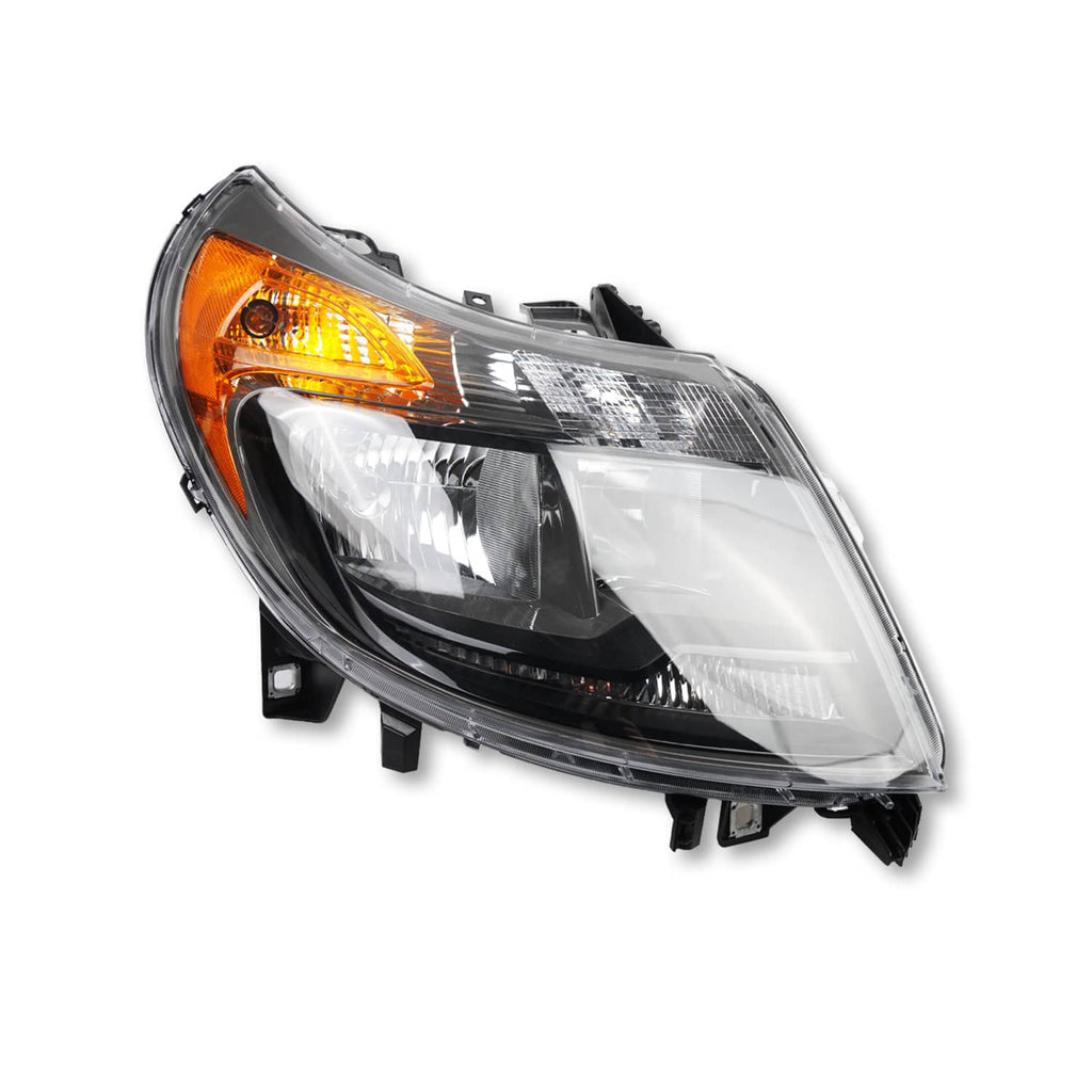 Passenger-side black headlight with amber turn signal lens and clear multi-reflector lenses