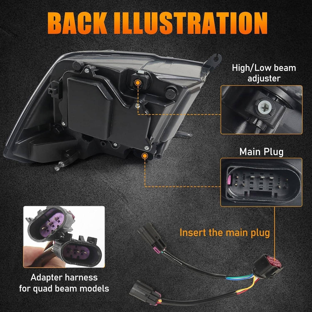 Projector headlight back housing with high/low beam adjuster and main plug