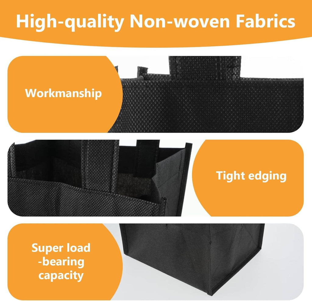 Black non-woven wine tote bag with reinforced seams and tight-edged divided compartments