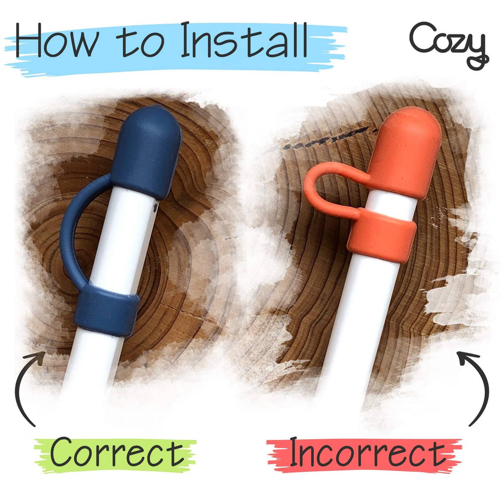 Installing pencil cozy sleeves: blue and orange silicone covers with connector tips