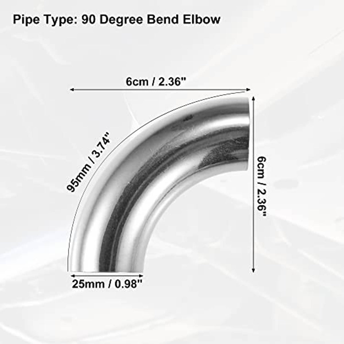 90-degree stainless steel elbow bend pipe with dimension markings diagram