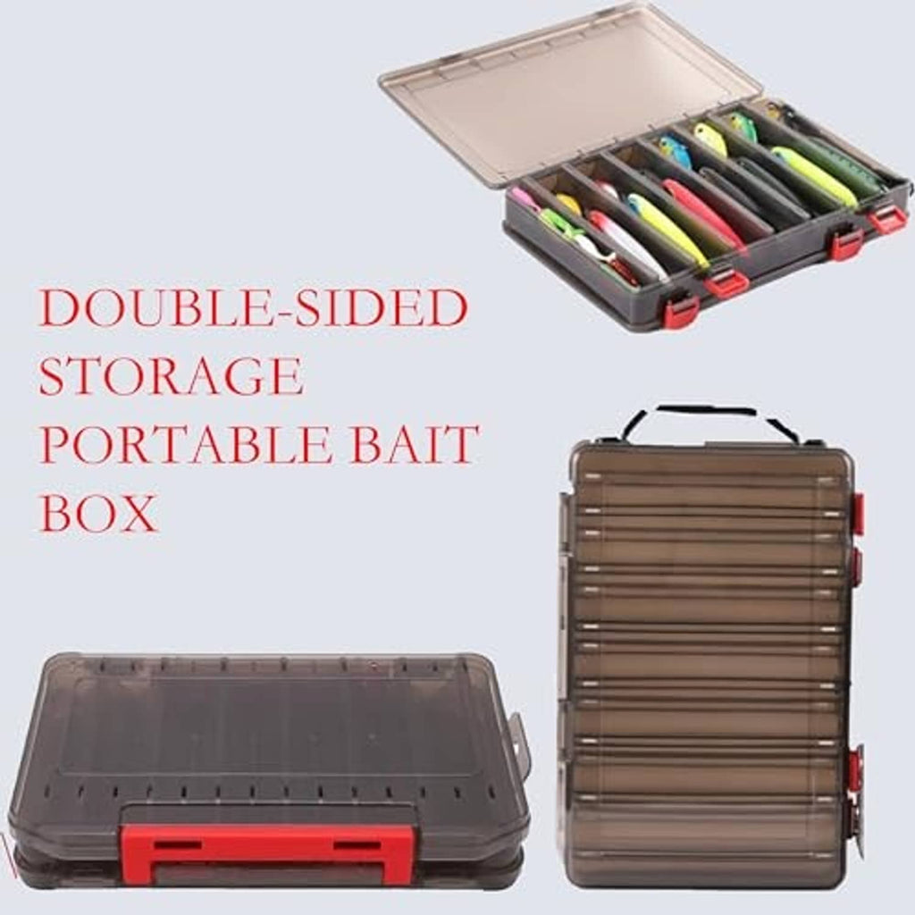 Double-sided portable bait box, transparent lid and red latch with stacked interior dividers