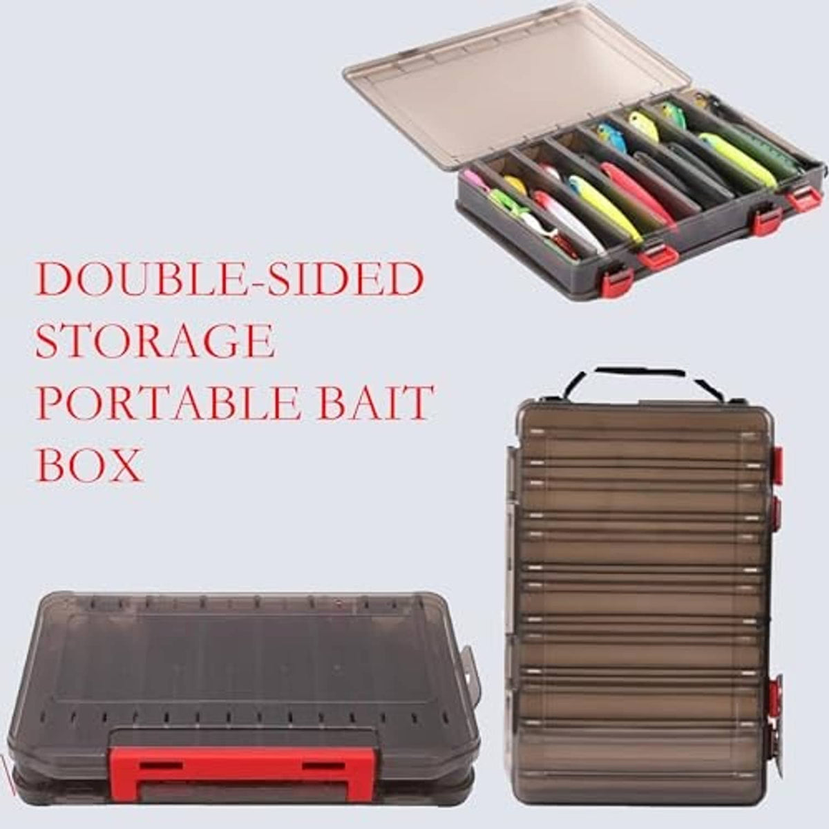Double-sided portable bait box, transparent lid and red latch with stacked interior dividers