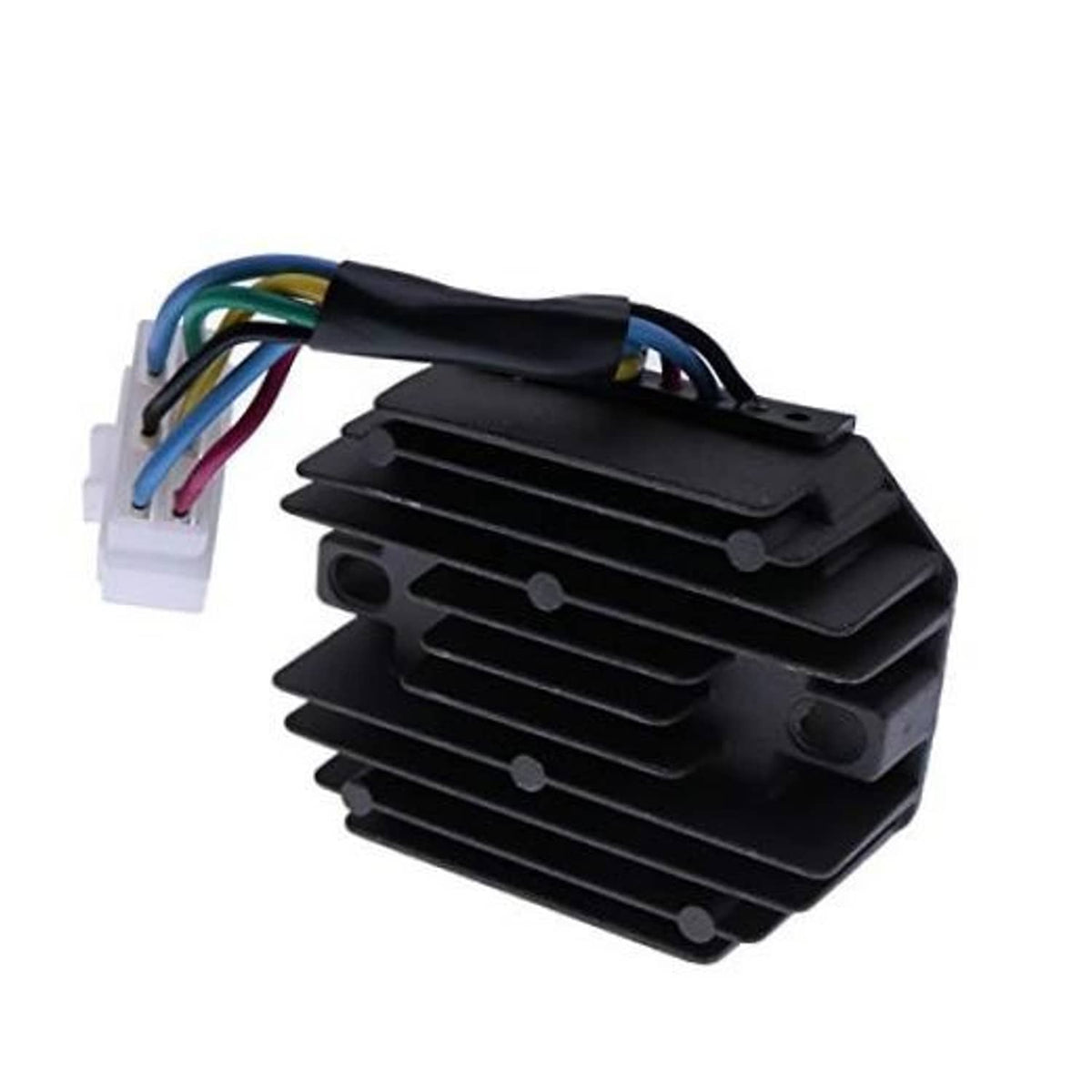 Voltage regulator rectifier module with black finned heatsink and multi-wire harness, white plug