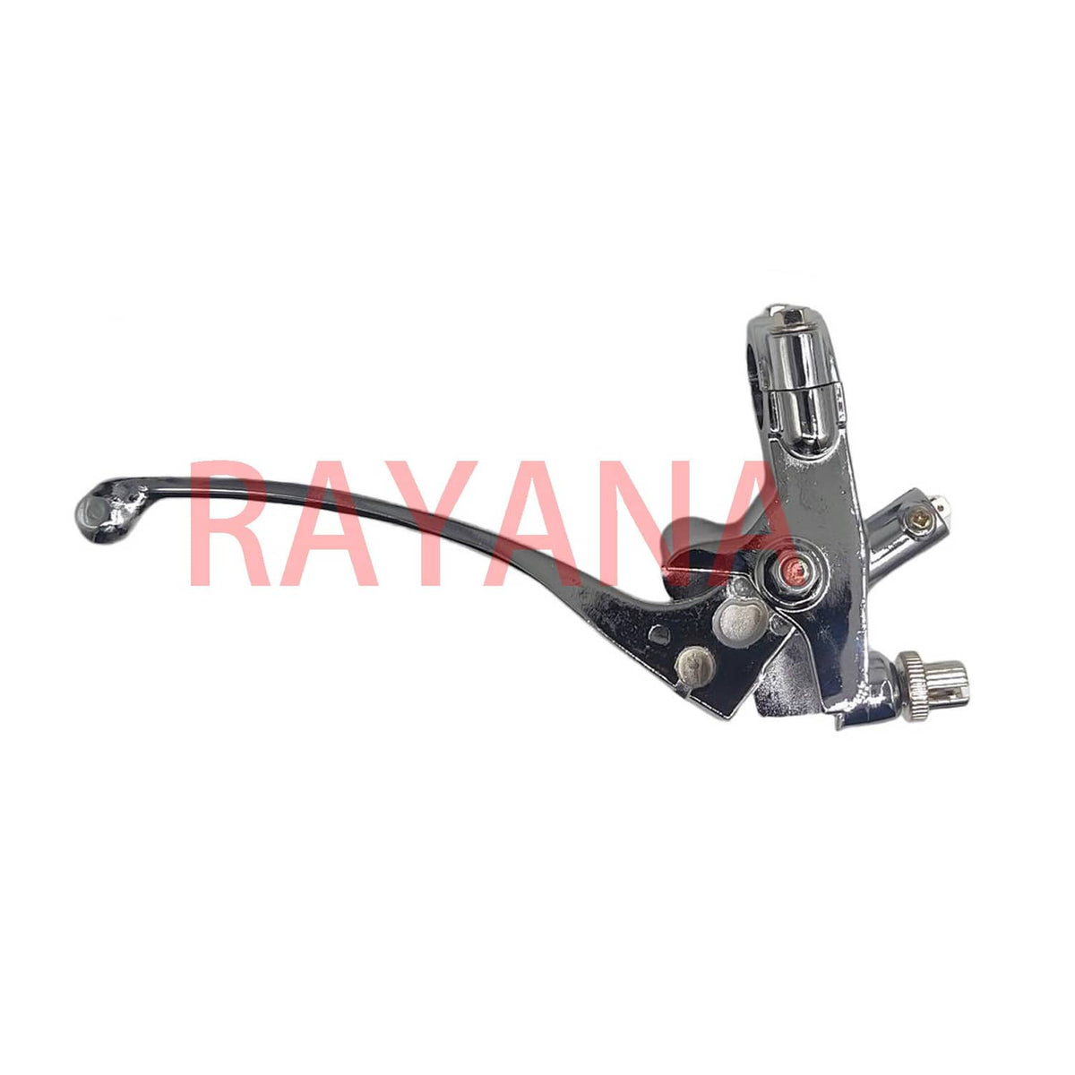 Silver left clutch lever perch with black guard and adjustment screws