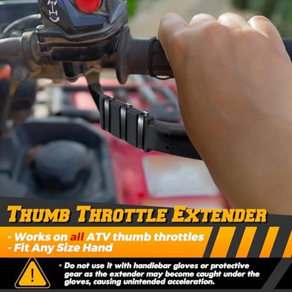Black ATV thumb throttle extender mounted on handle, shown with a hand