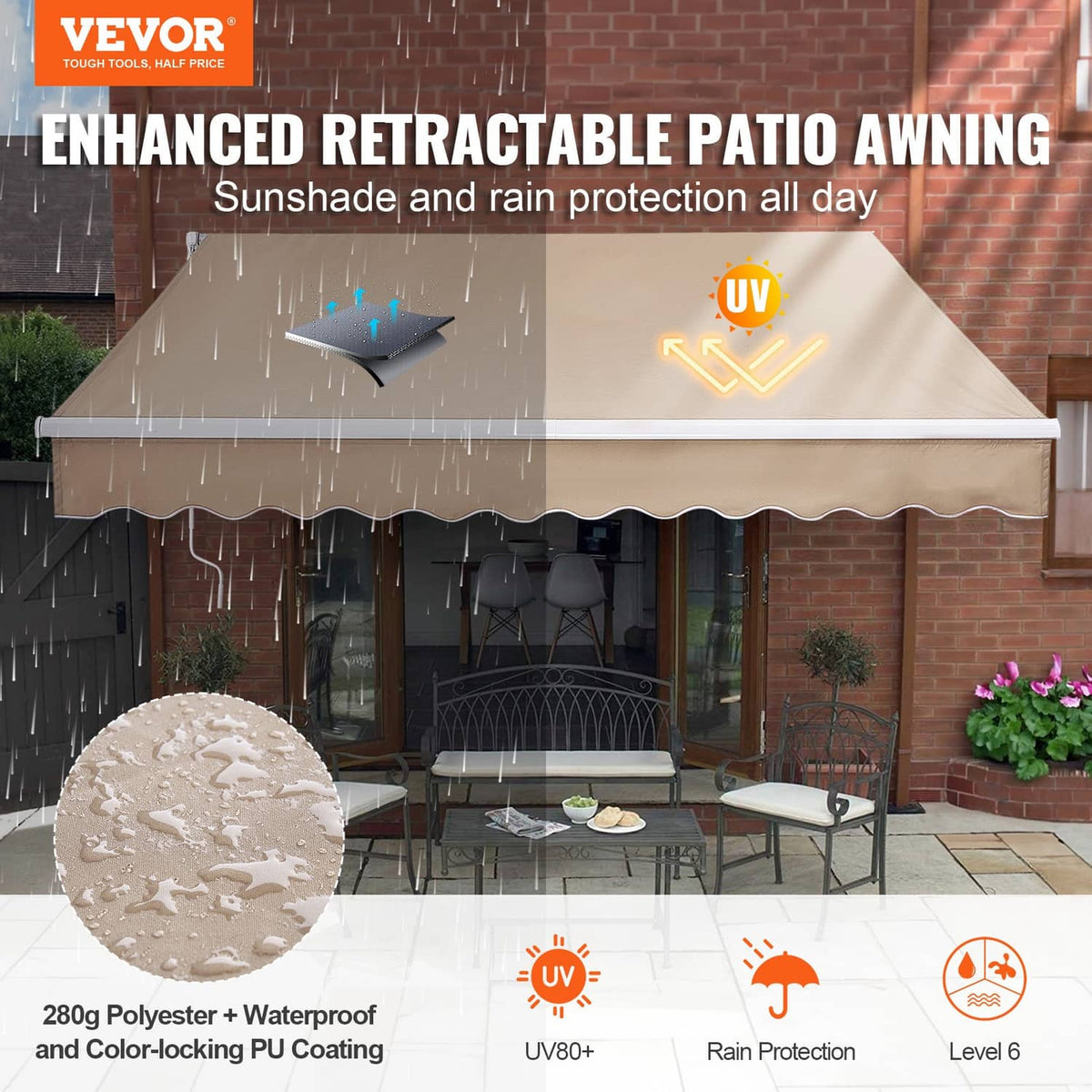 Retractable patio awning with beige fabric and scalloped valance over patio