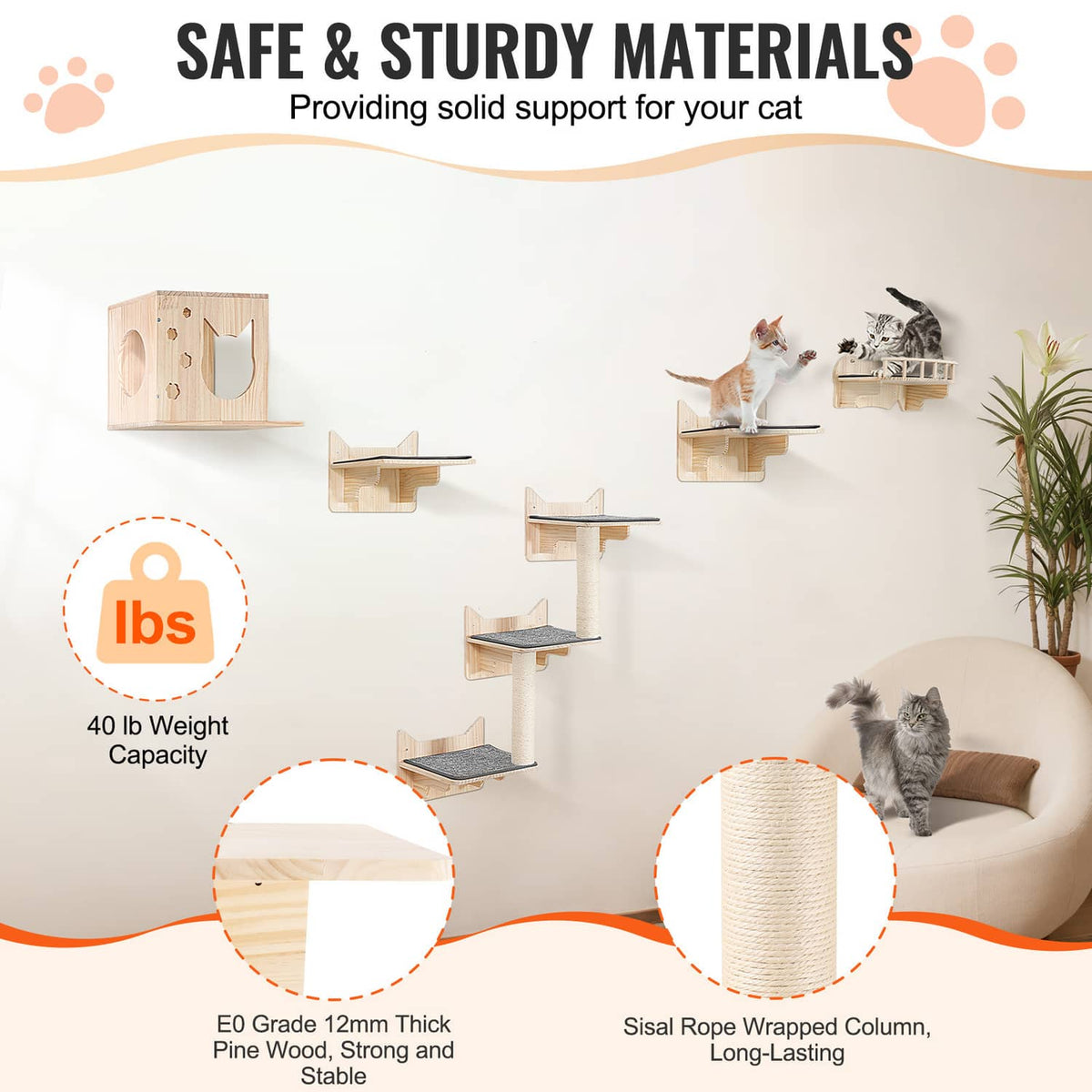 Wall-mounted cat shelf set with sisal rope-wrapped column and sturdy natural wood platforms