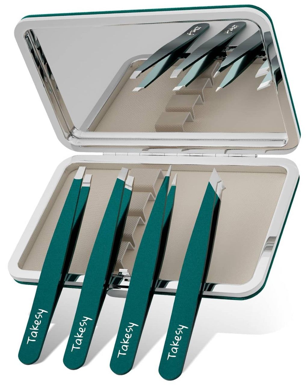 Open tweezers case showing multiple angled forest-green tweezers with metal tips