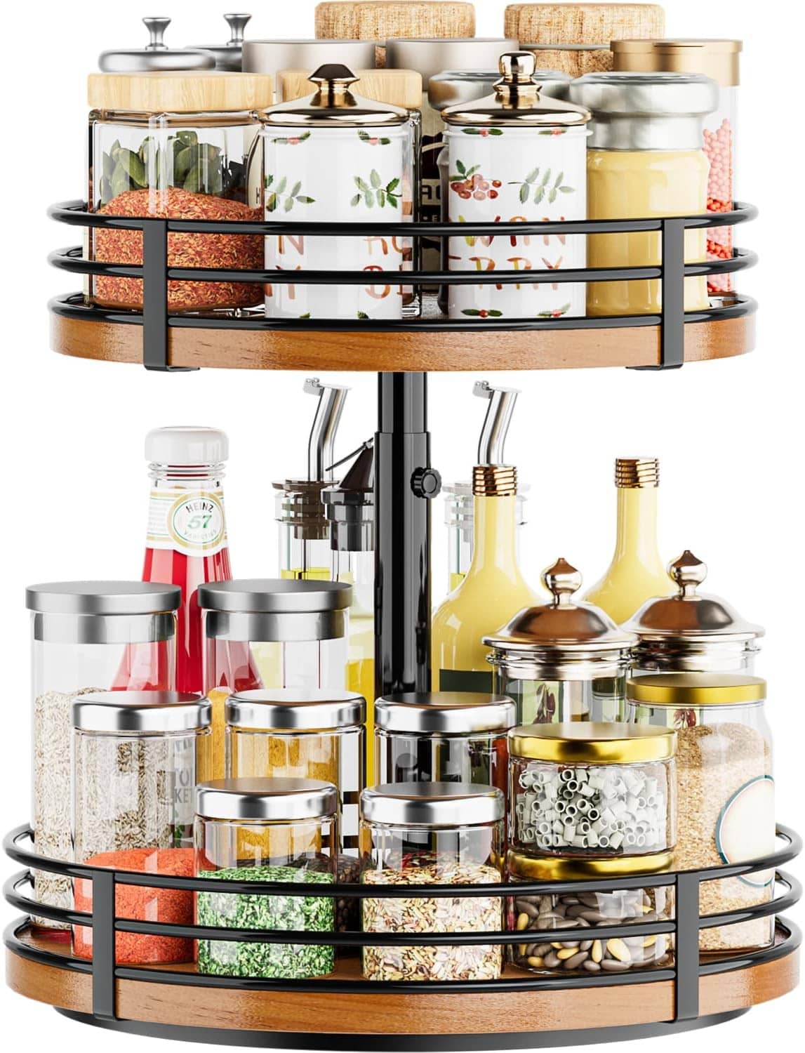 Adjustable 2-tier turntable spice organizer with wood base, black shelves, jars