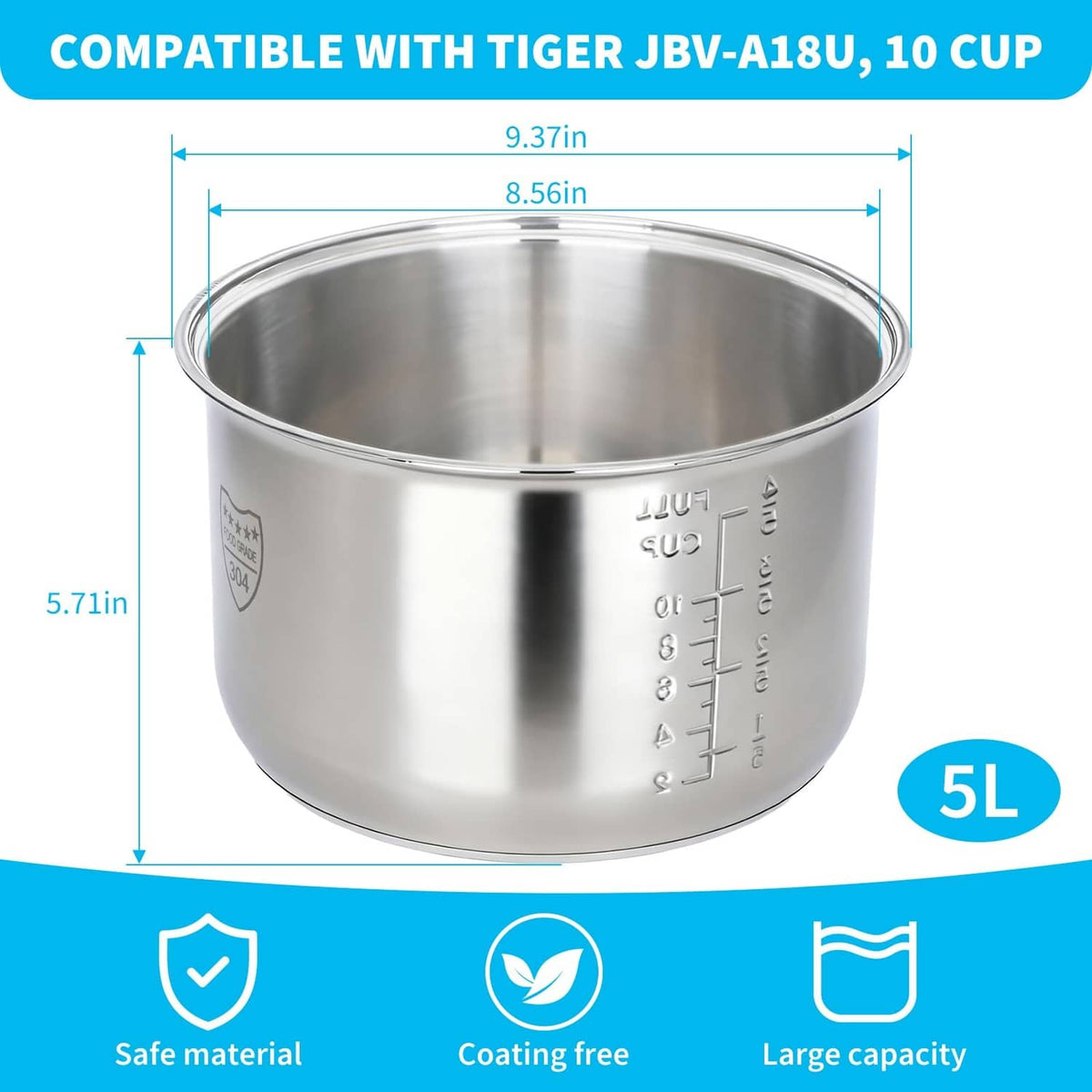 Stainless steel inner pot with rim, measurement scale, about 5L capacity