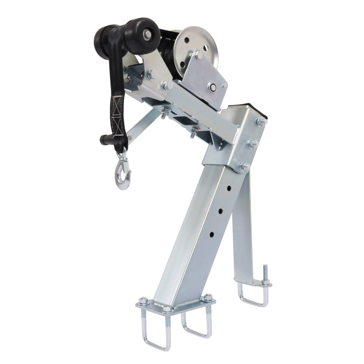 Adjustable steel winch stand with pulleys, chain strap, and U-shaped base feet