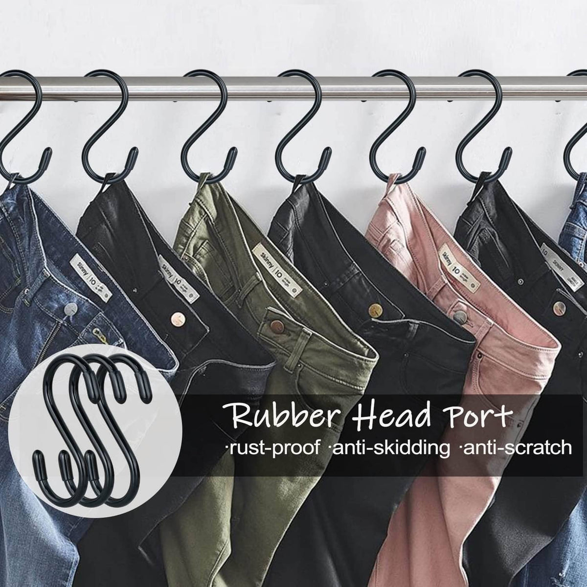Vinyl-coated black S hooks with rubberized heads for hanging items