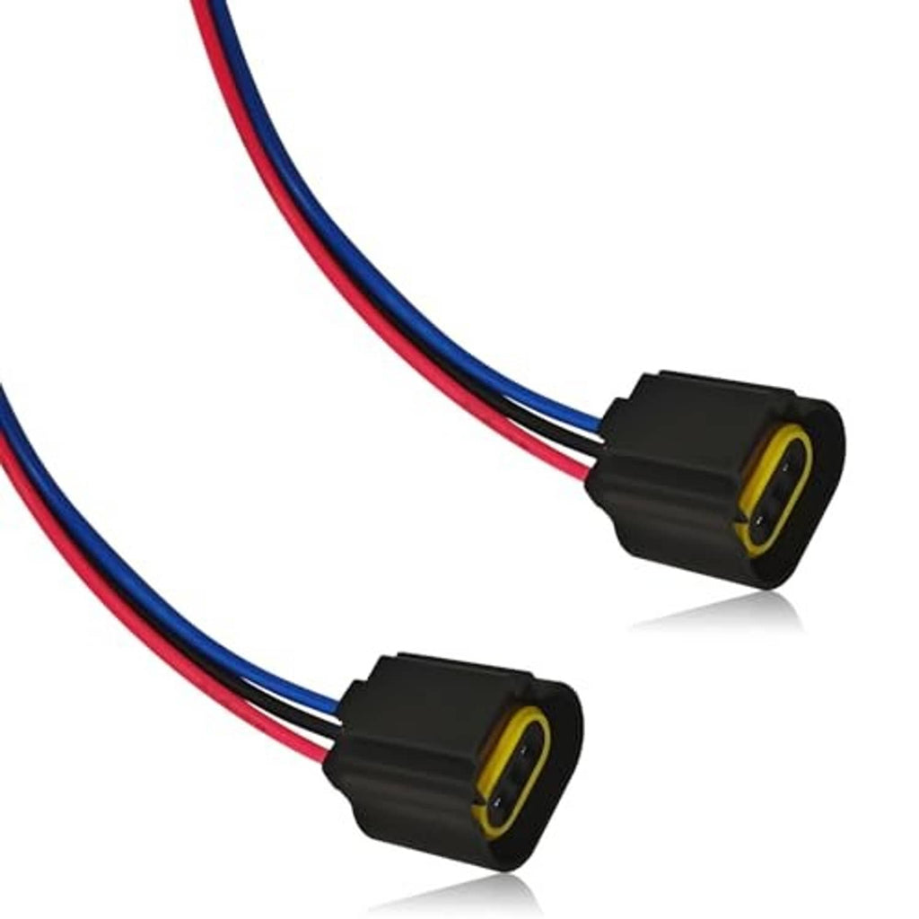 Headlight pigtail connector with black housing and yellow 2-pin socket, attached red/blue wires