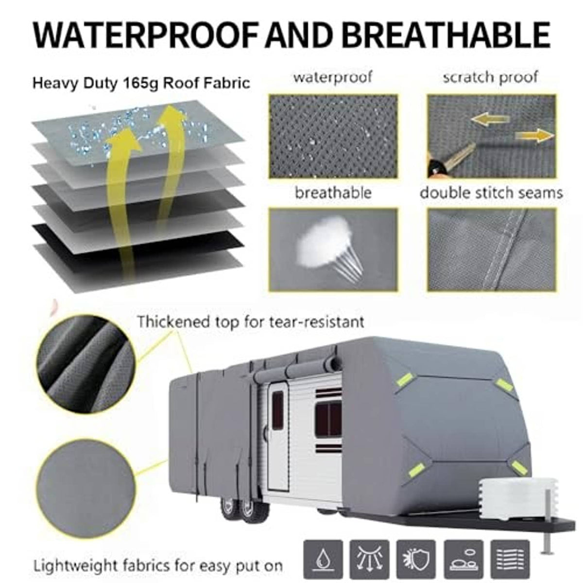 Gray heavy-duty RV cover fabric with double-stitch seams and waterproof, breathable design