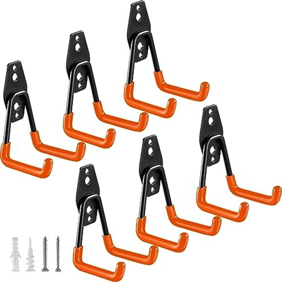 Set of small U garage hooks: black mounting plates with orange curved hook arms