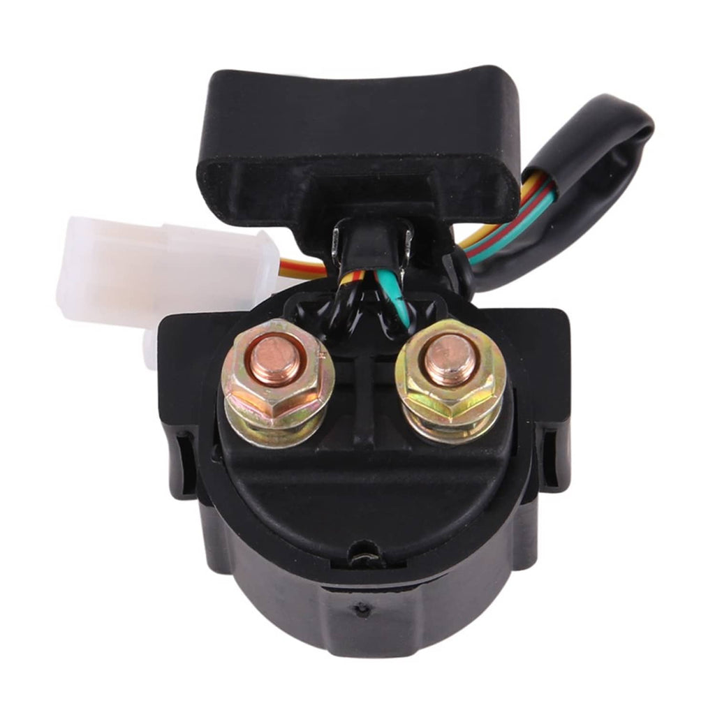 Starter relay solenoid with black housing, dual copper terminals, and multi-color wire connector