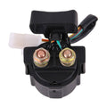Starter relay solenoid with black housing, dual copper terminals, and multi-color wire connector