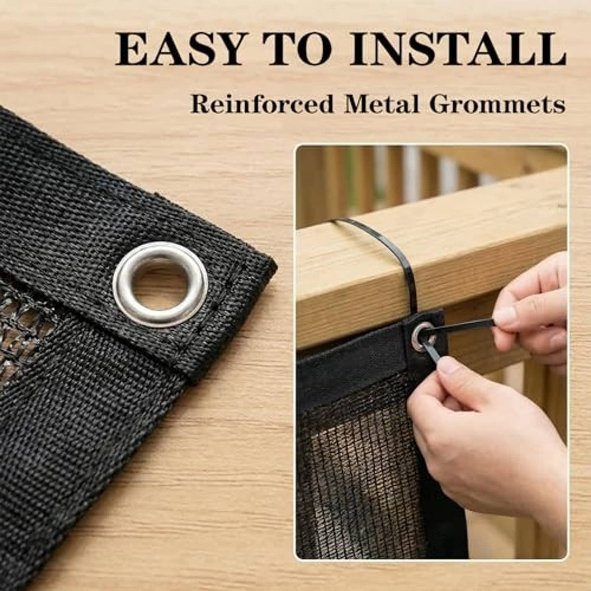 Dark gray sun shade cloth corner with metal grommet on reinforced edge