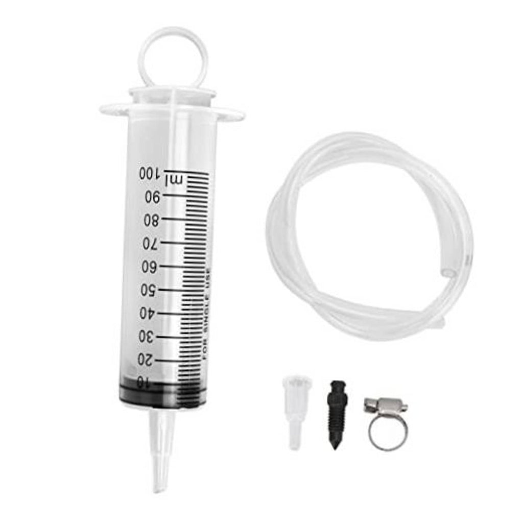 Hydraulic brake bleeder kit syringe with measurement scale, clear hose, and small fittings
