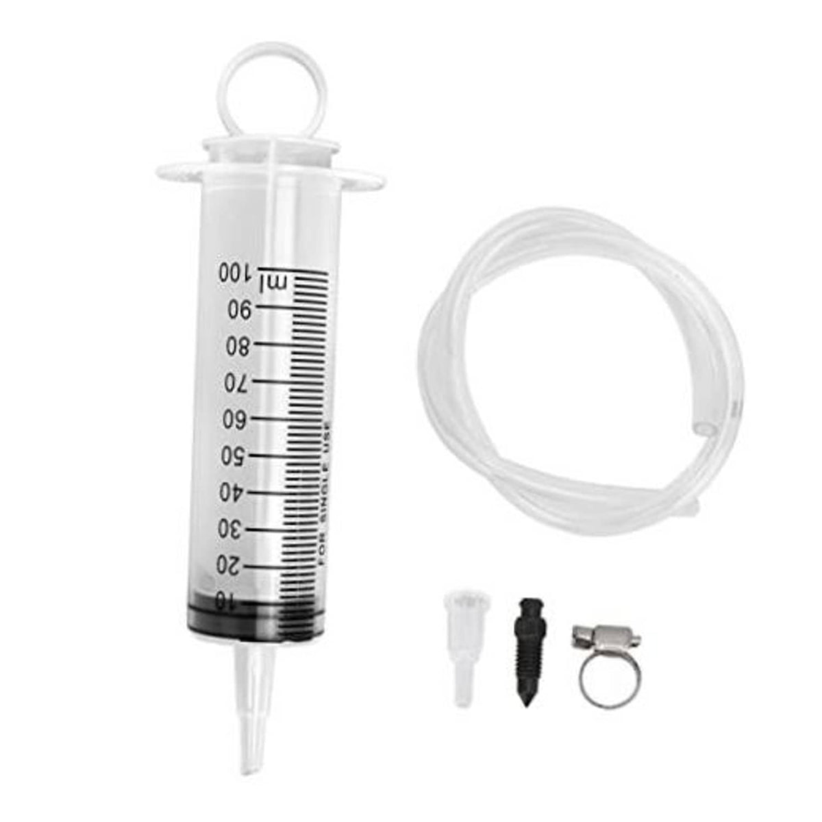 Hydraulic brake bleeder kit syringe with measurement scale, clear hose, and small fittings