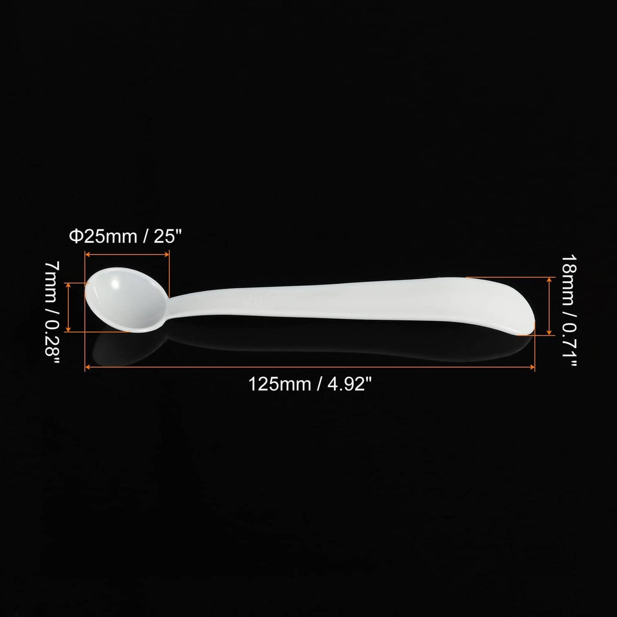 White plastic micro measuring spoon with round bowl and long handle