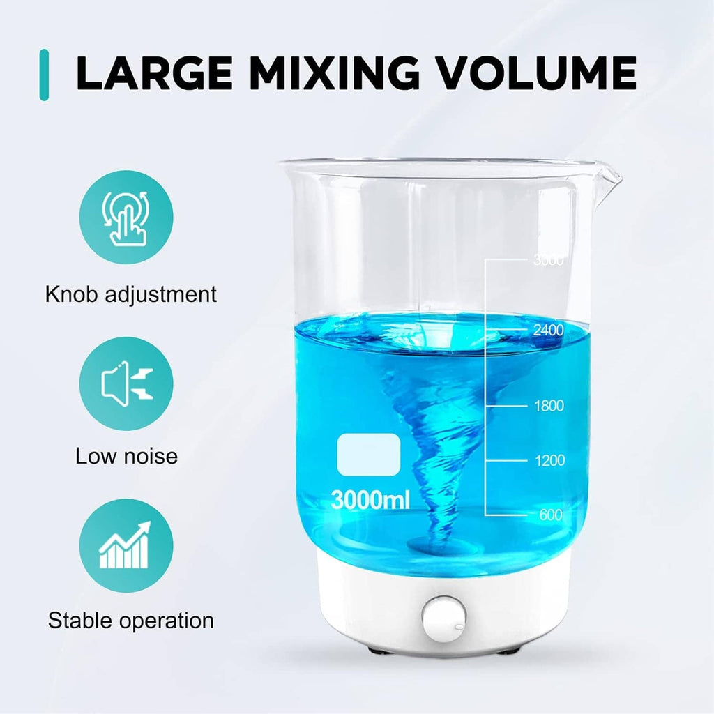 Magnetic stirrer base with large blue beaker on top; 3000 ml capacity markings