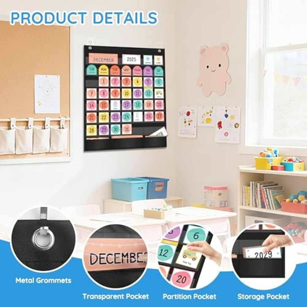 Calendar pocket chart detail with metal grommets and transparent, partition, and storage pockets