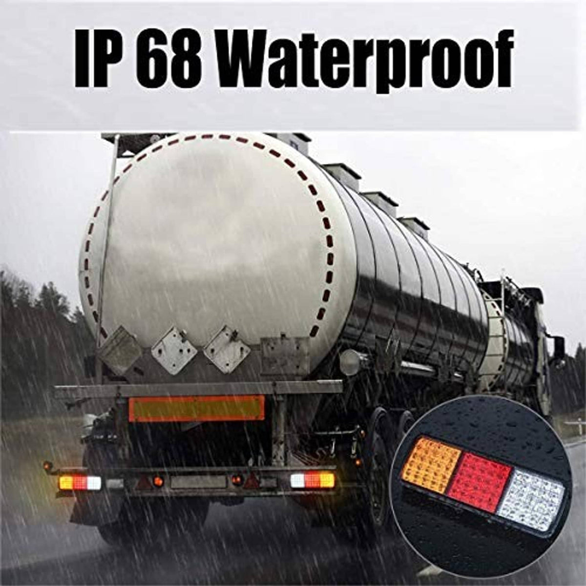 Waterproof LED tail light bar mounted on a truck, shown in rainy weather